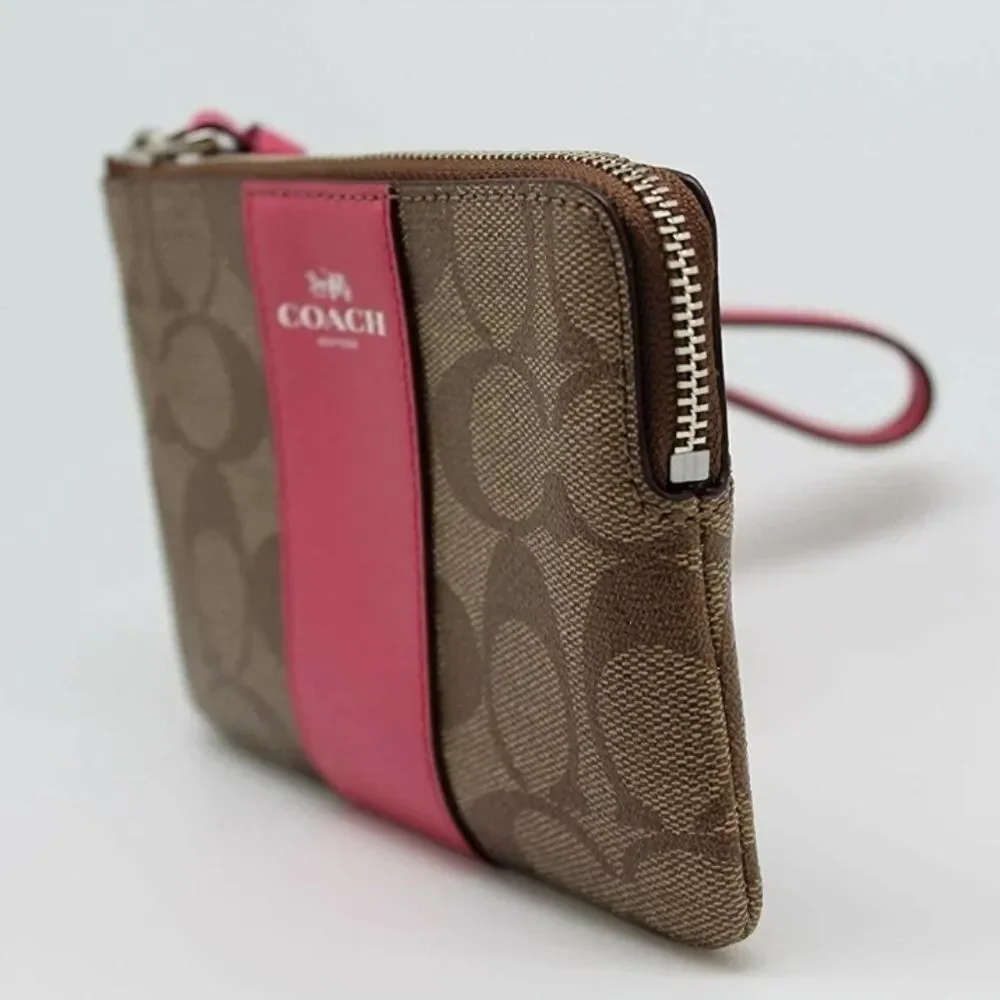 NEW COACH Signature Leather Small Wristlet Khaki Pink Silver Wallet Clutch